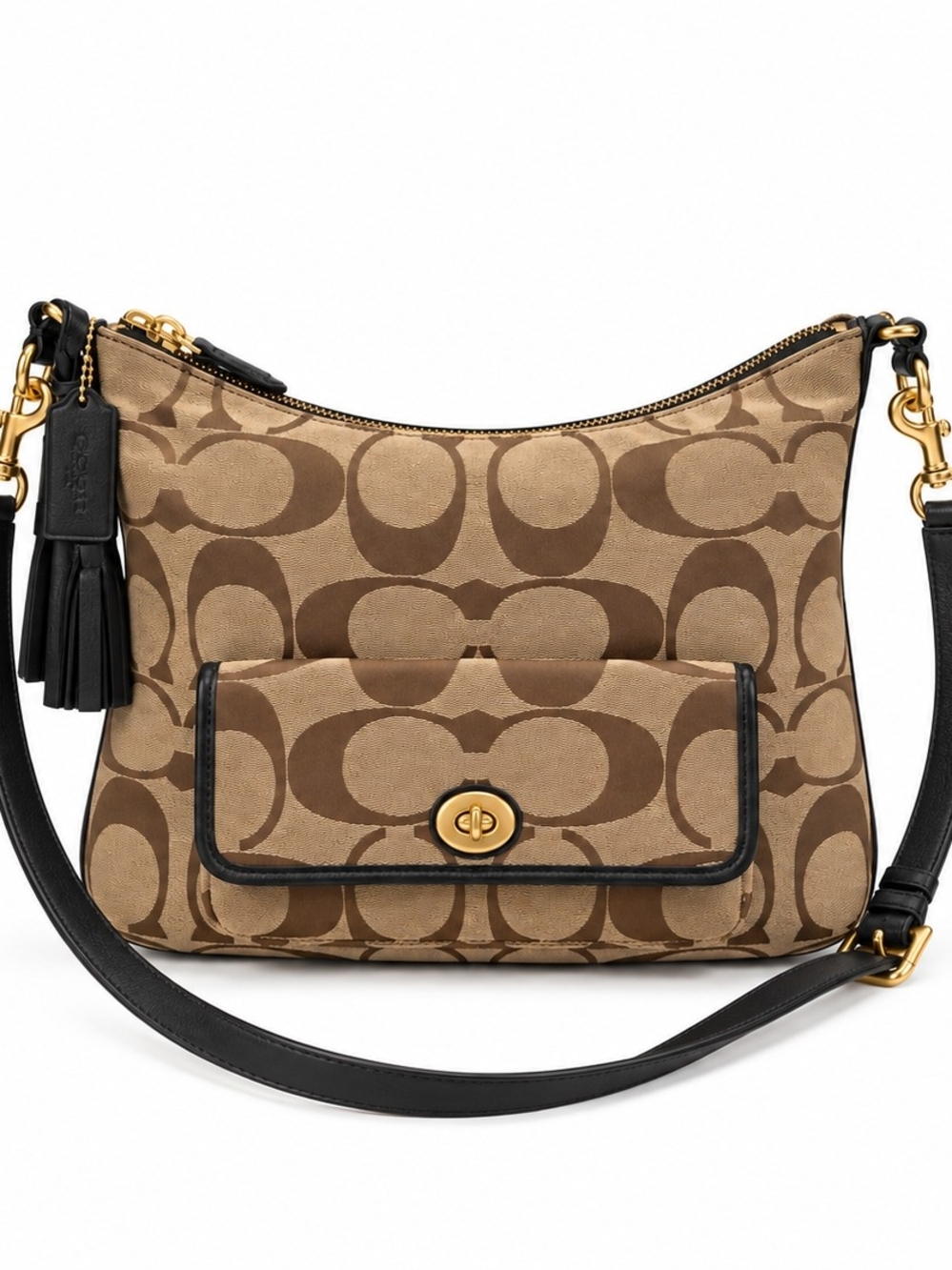 Coach Signature Canvas Shoulder Bag in Khaki/Chestnut with Black Trim